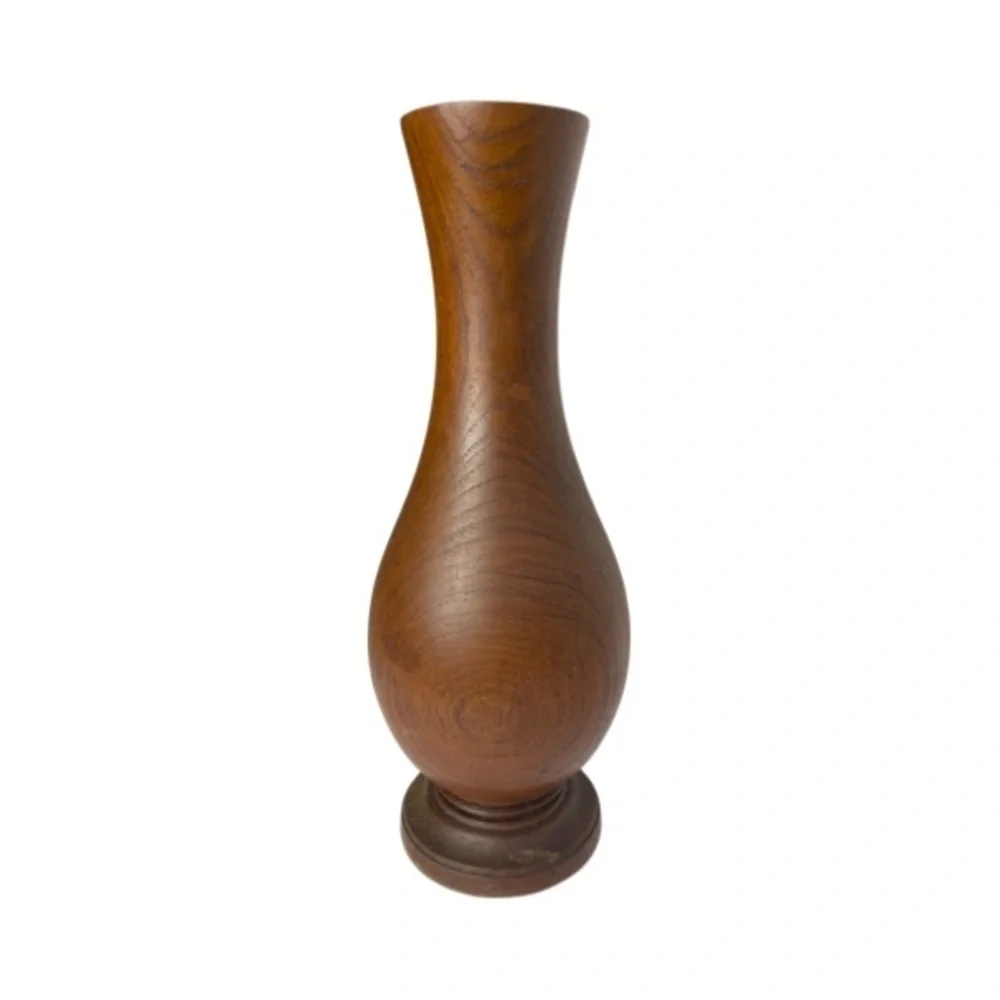 Vintage MCM Hand Turned 13” Tall Solid Wood Flower Vase